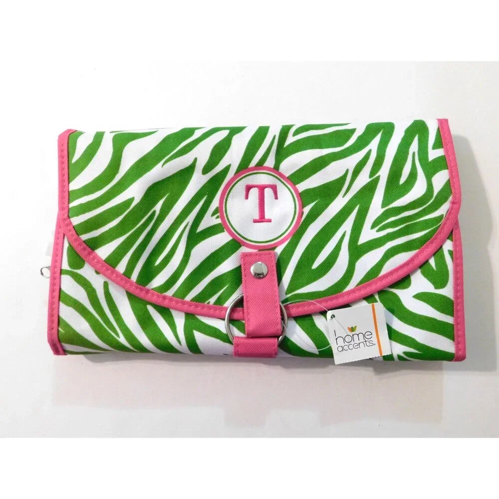 Zebra Print Tote Travel Cosmetic Case Wristlet Set Monogram T Green Pink Canvas - Picture 4 of 11